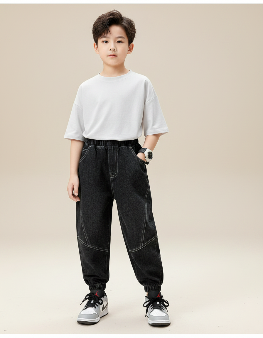 Pantalon Noir Garçon Ample Décontracté Jogger Denim - Jean