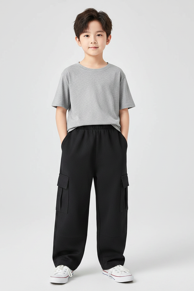 Pantalon Noir Cargo Ample Garçon Décontracté Confortable - Molleton