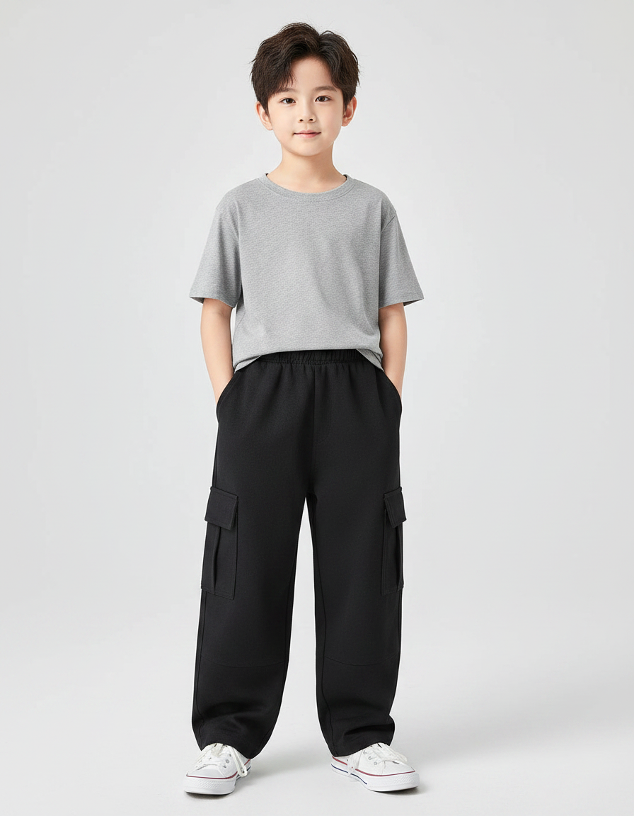Pantalon Noir Cargo Ample Garçon Décontracté Confortable - Molleton