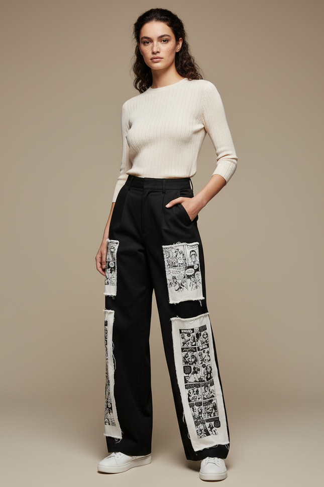 Pantalon Noir Large Imprimé Bande Dessinée Taille Haute - Gabardine