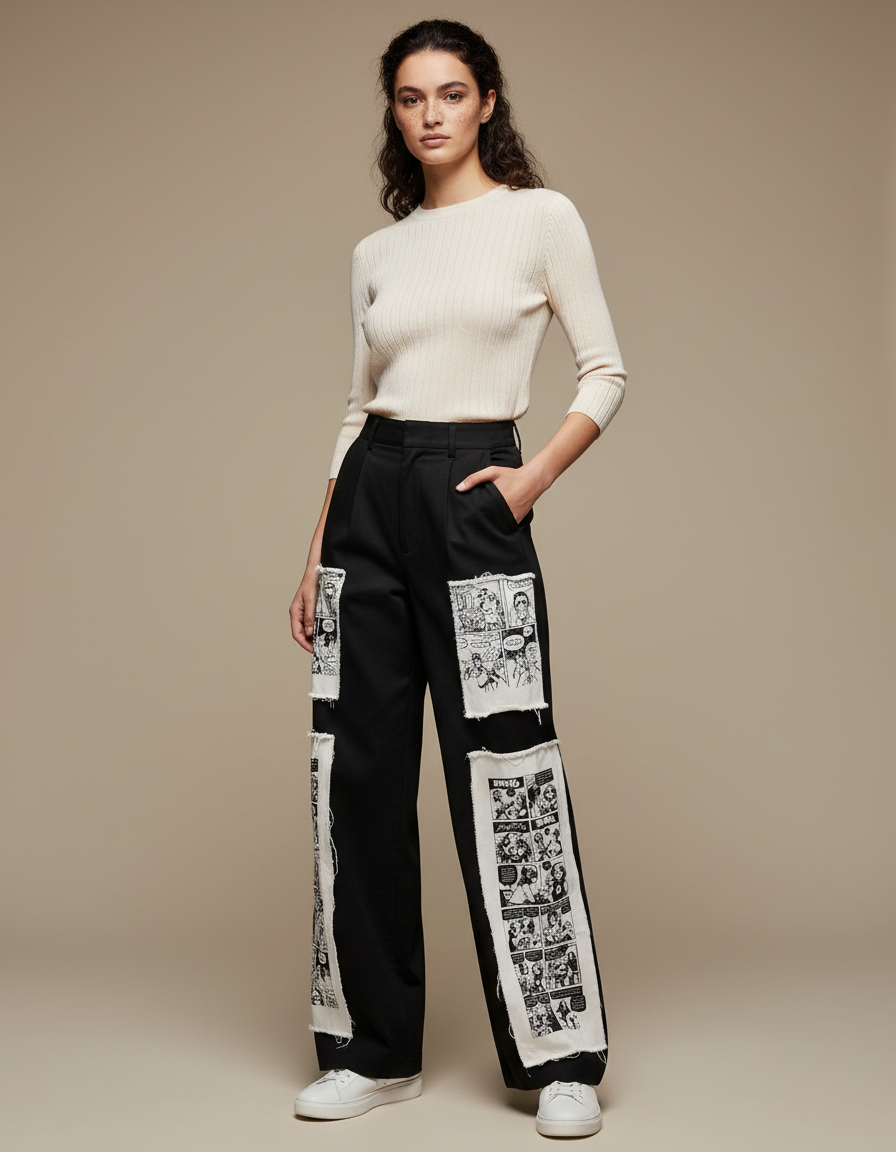 Pantalon Noir Large Imprimé Bande Dessinée Taille Haute - Gabardine