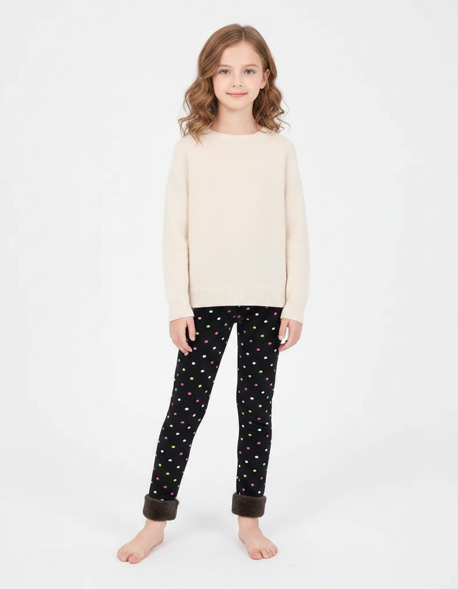 Pantalon Noir Polka Dots Fille Chaud Doux Hiver - Molleton