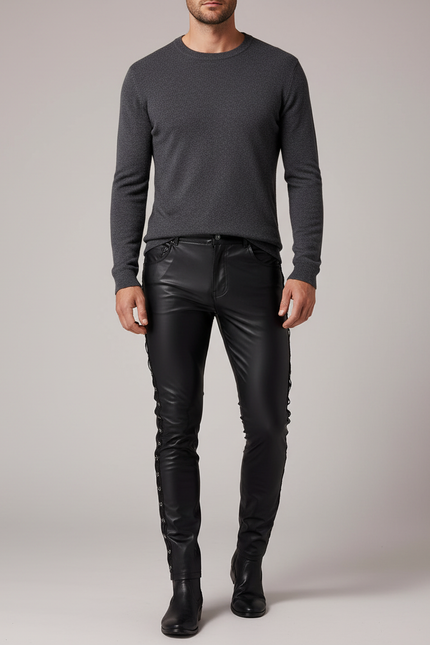 Pantalon Noir Cuir Lacets Homme Slim