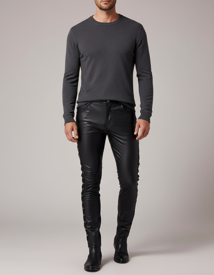 Pantalon Noir Cuir Lacets Homme Slim