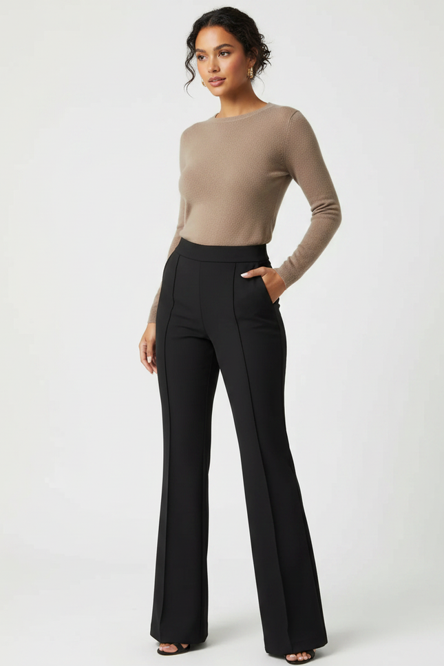 Pantalon Noir Taille Haute Évasé Chic Femme - Polyester