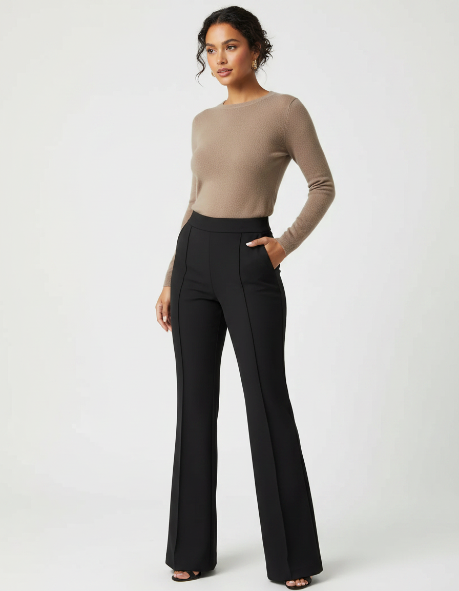 Pantalon Noir Taille Haute Évasé Chic Femme - Polyester