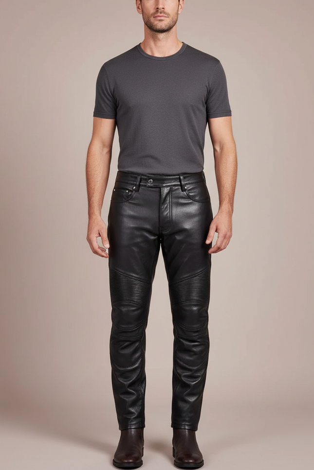 Pantalon Noir Homme Cuir Motard Slim Matelassé