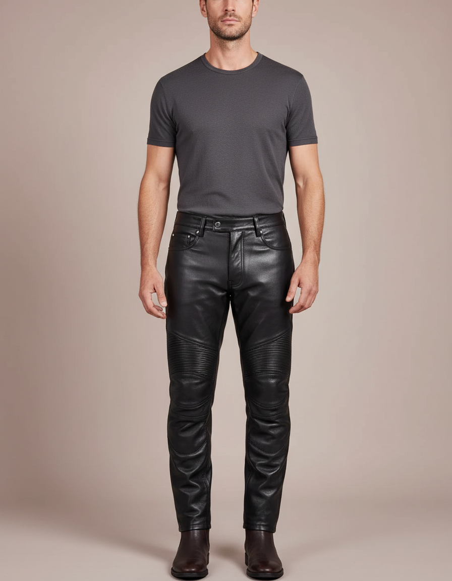 Pantalon Noir Homme Cuir Motard Slim Matelassé