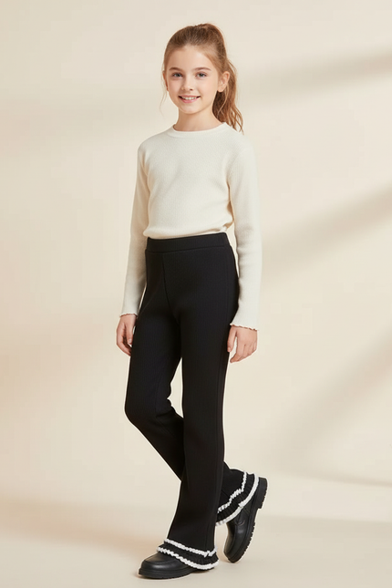Pantalon Noir Côtelé Évasé Dentelle Enfant - Maille