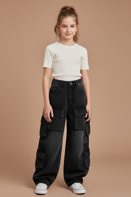 Pantalon Noir Ample Cargo Multi-Poches Fille - Jean