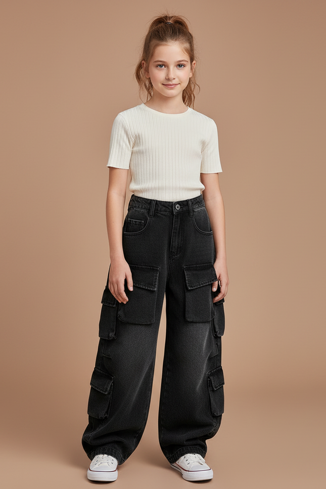 Pantalon Noir Ample Cargo Multi-Poches Fille - Jean