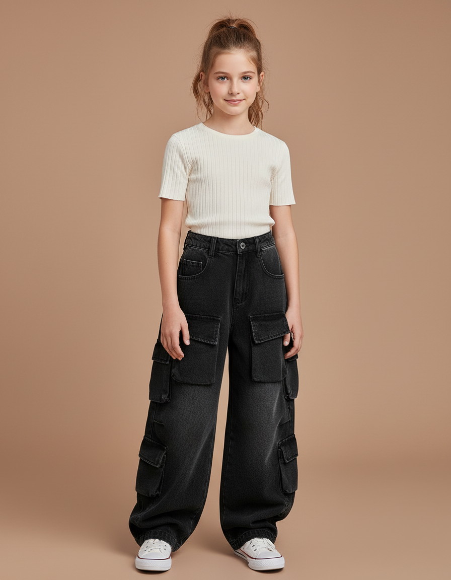 Pantalon Noir Ample Cargo Multi-Poches Fille - Jean