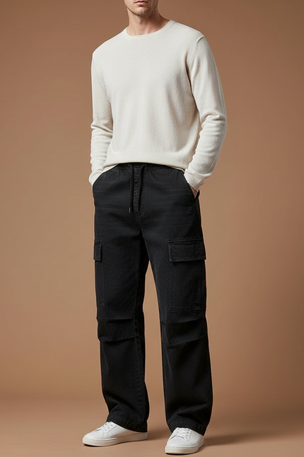 Pantalon Noir Cargo Ample Coton Décontracté Homme