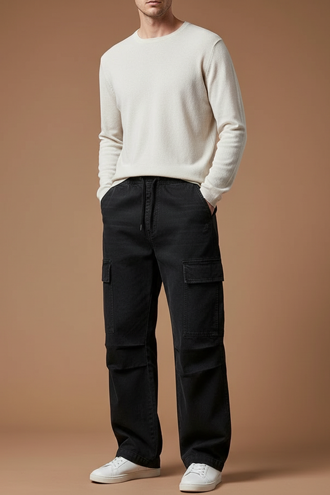 Pantalon Noir Cargo Ample Coton Décontracté Homme