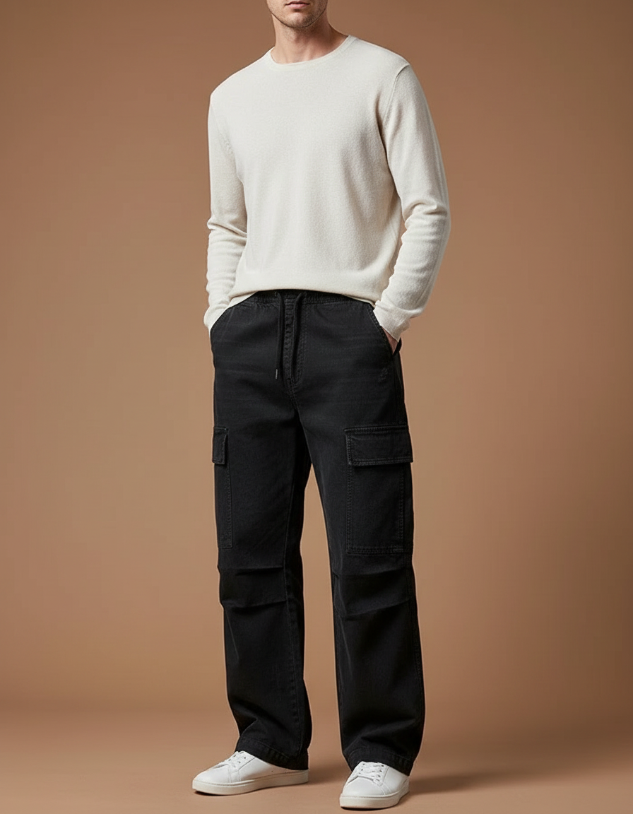 Pantalon Noir Cargo Ample Coton Décontracté Homme
