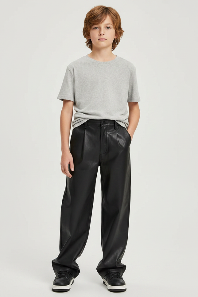 Pantalon Noir Similicuir Ample Plissé Garçon - Simili cuir