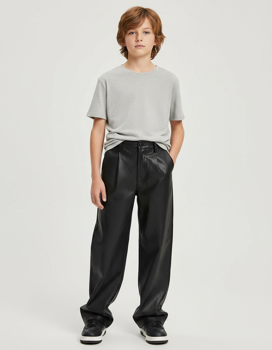 Pantalon Noir Similicuir Ample Plissé Garçon - Simili cuir