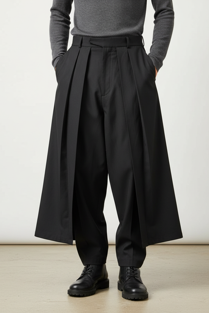 Pantalon Noir Plissé Ample Décontracté Homme - Gabardine