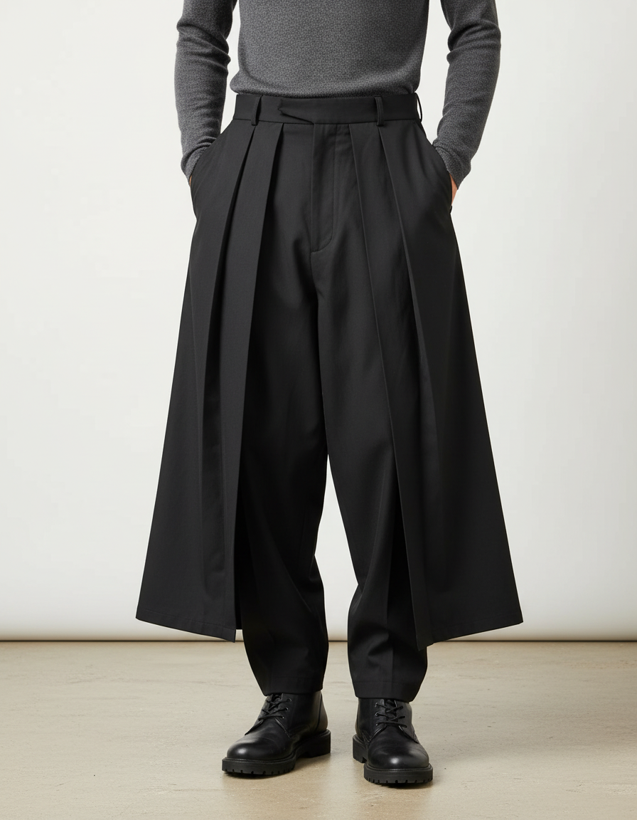 Pantalon Noir Plissé Ample Décontracté Homme - Gabardine