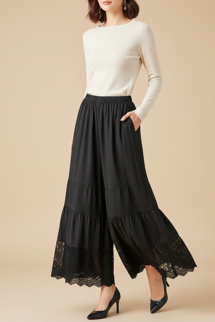 Pantalon Noir Ample Dentelle Volants Fluide Femme - Viscose