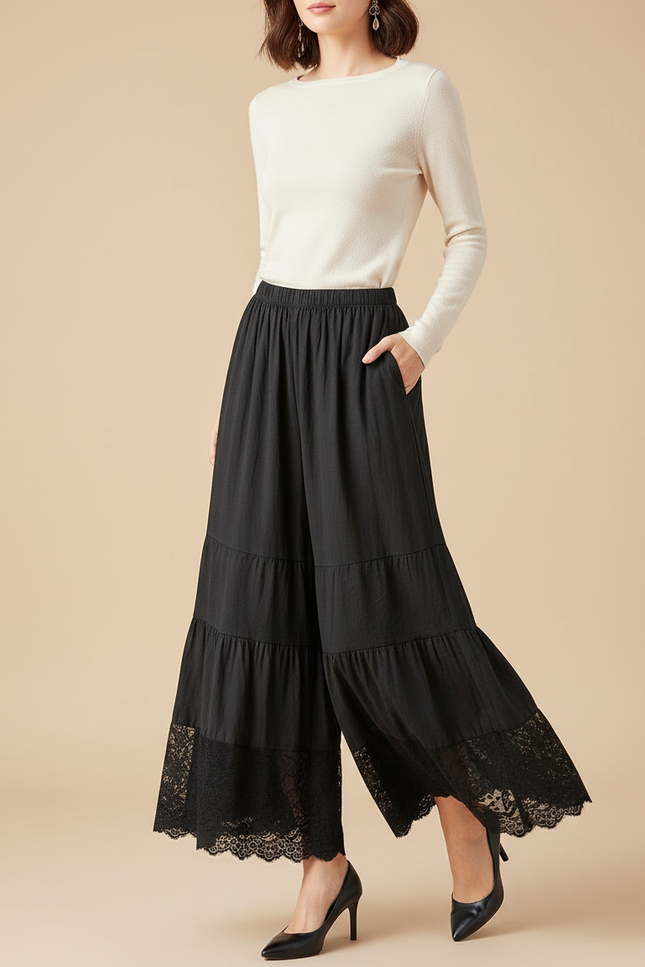 Pantalon Noir Ample Dentelle Volants Fluide Femme - Viscose