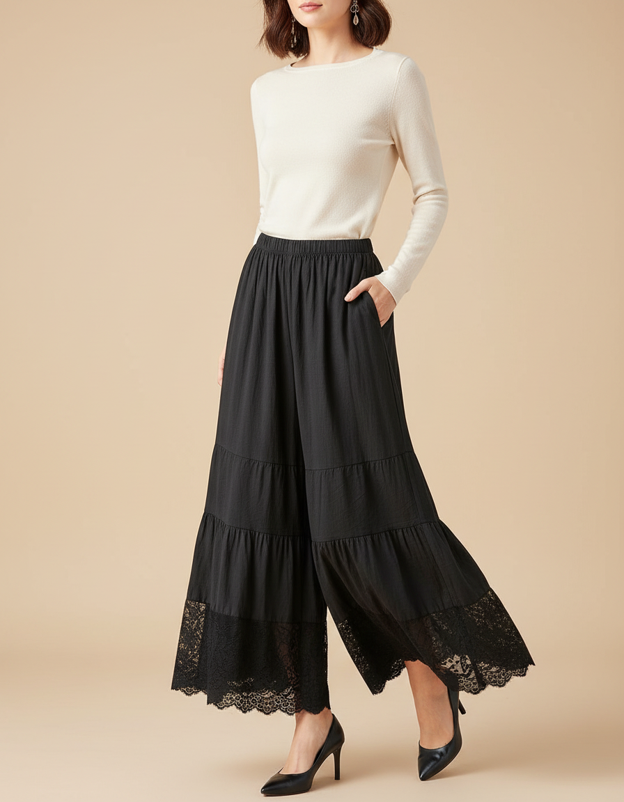 Pantalon Noir Ample Dentelle Volants Fluide Femme - Viscose