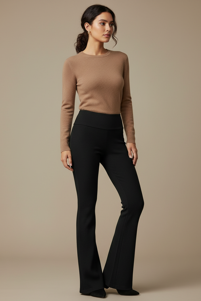 Pantalon Noir Côtelé Évasé Taille Haute Élégant - Maille