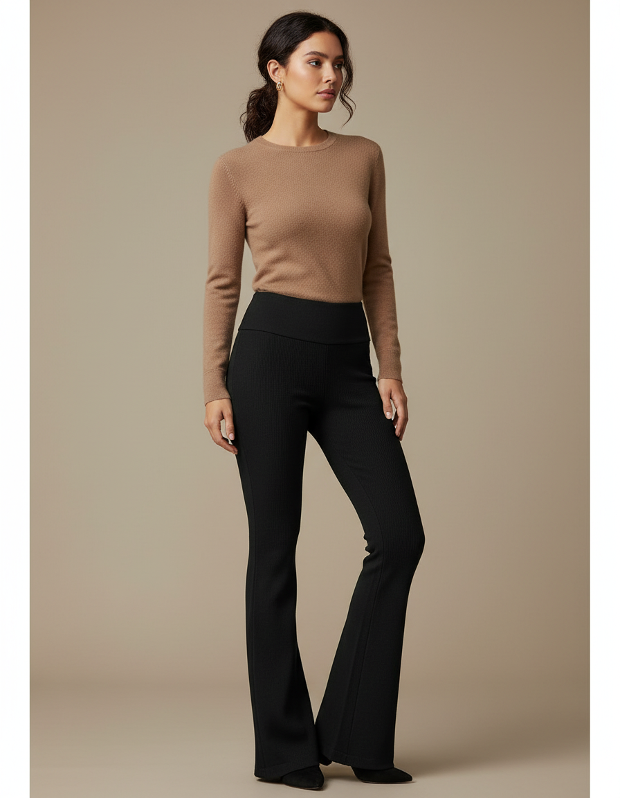 Pantalon Noir Côtelé Évasé Taille Haute Élégant - Maille