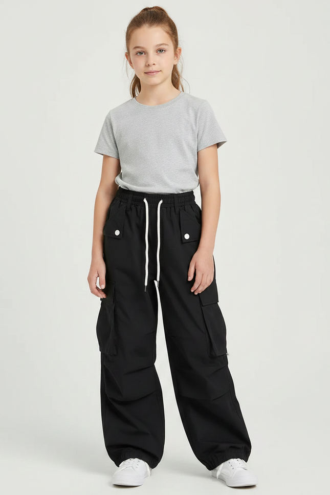 Pantalon Noir Cargo Ample Fille Casual - Polyester