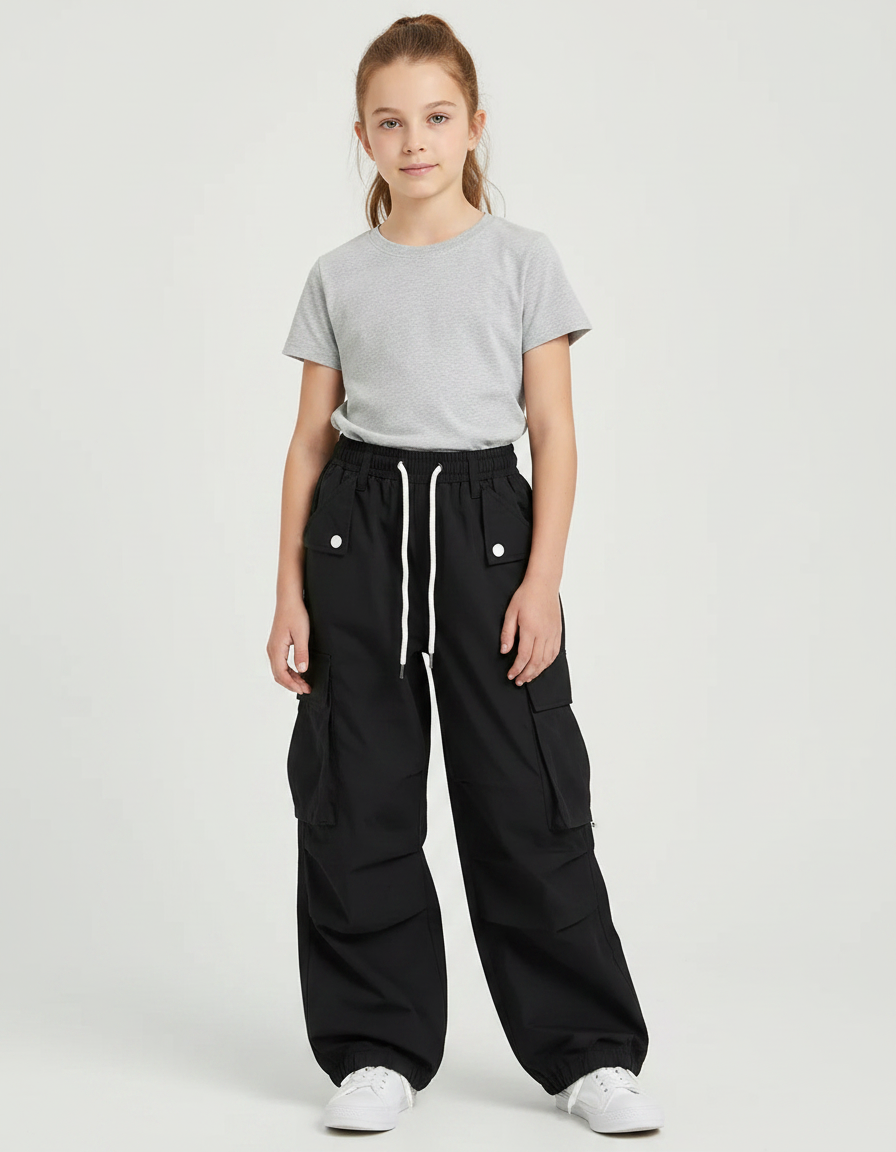Pantalon Noir Cargo Ample Fille Casual - Polyester