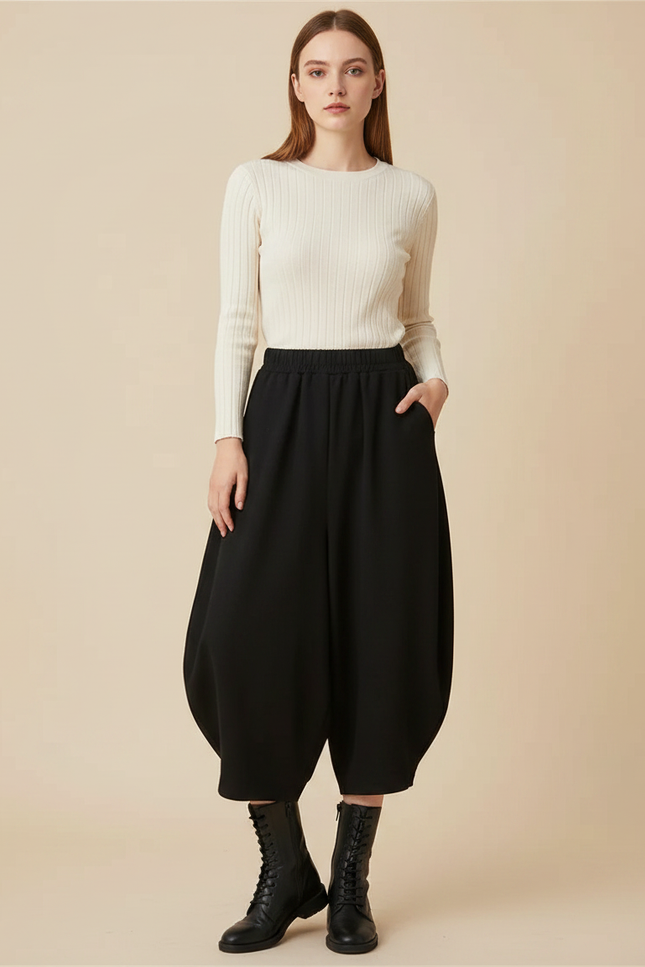Pantalon Noir Ample Taille Haute Carotte Décontracté - Molleton
