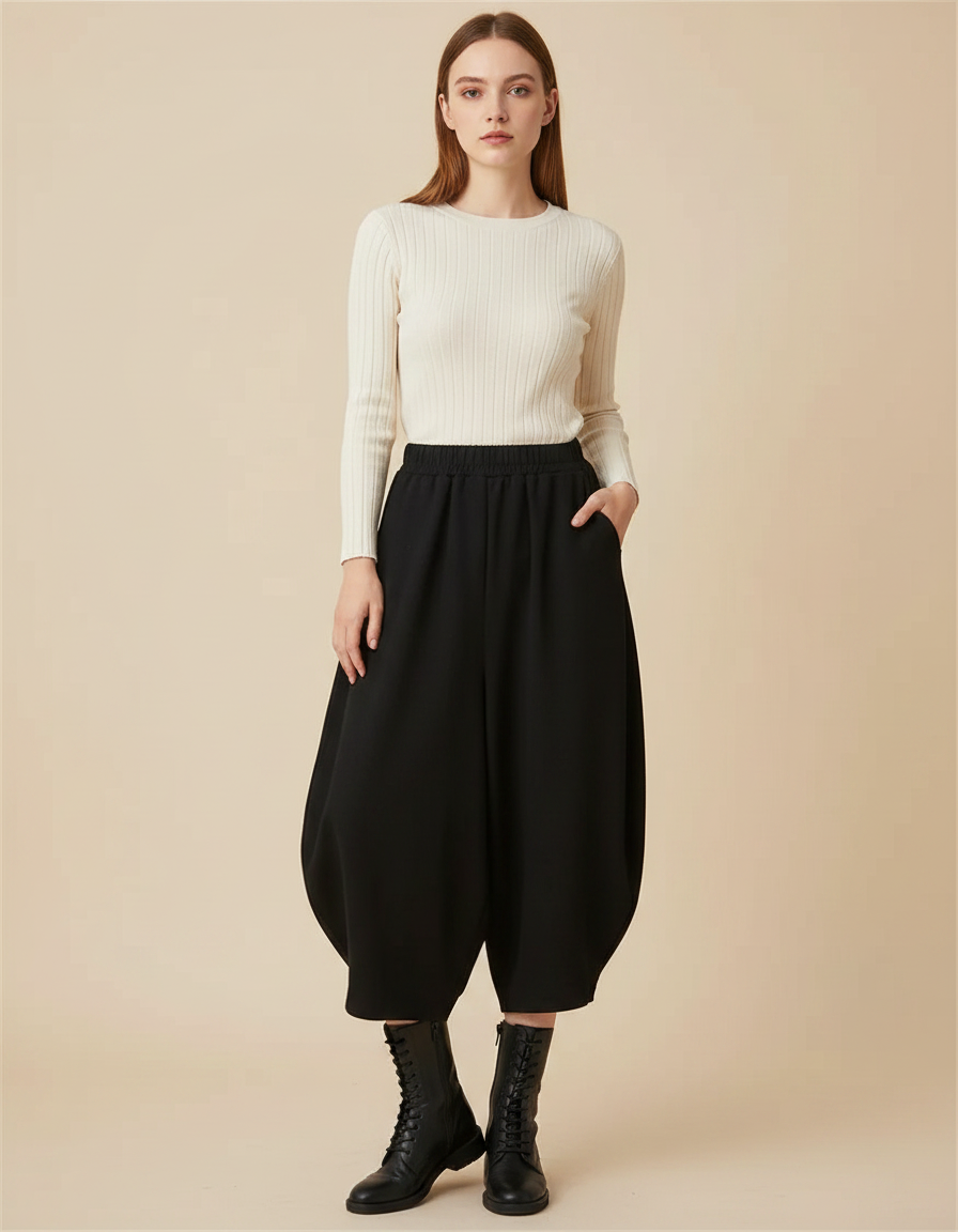Pantalon Noir Ample Taille Haute Carotte Décontracté - Molleton