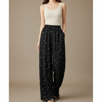 Pantalon Noir Fluide Motif Nœuds Papillon Larges Décontracté - Viscose