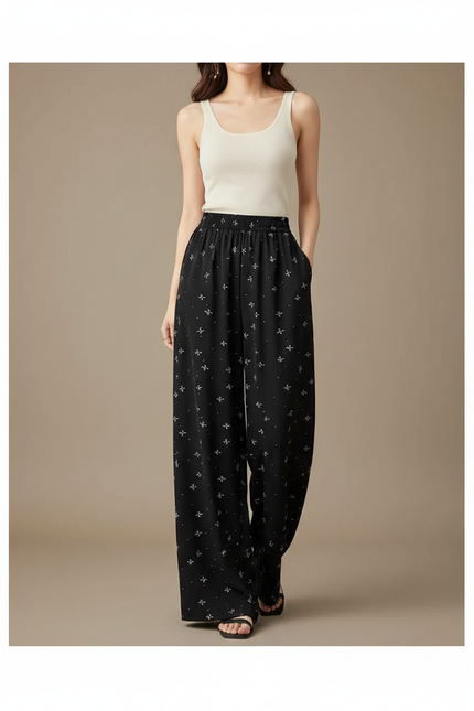 Pantalon Noir Fluide Motif Nœuds Papillon Larges Décontracté - Viscose