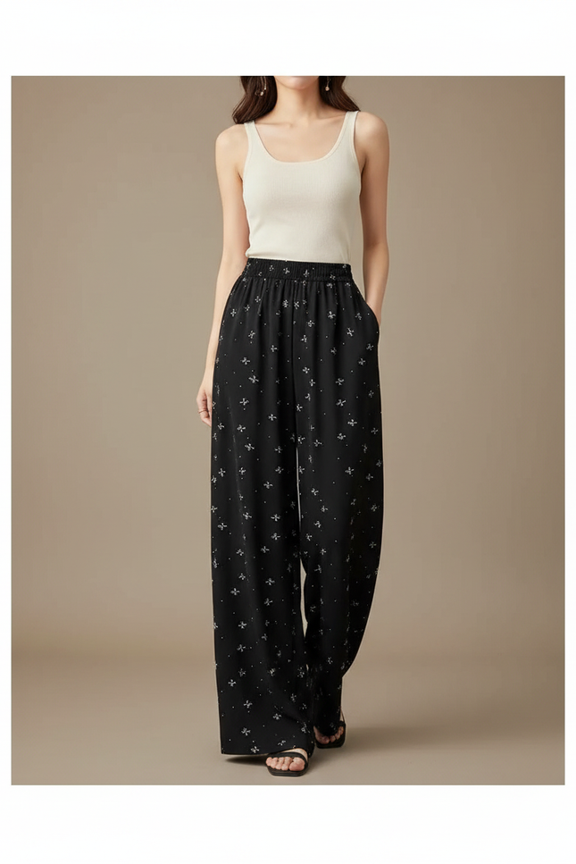 Pantalon Noir Fluide Motif Nœuds Papillon Larges Décontracté - Viscose