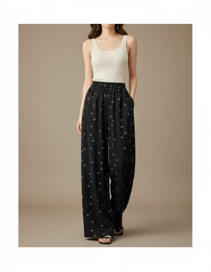 Pantalon Noir Fluide Motif Nœuds Papillon Larges Décontracté - Viscose