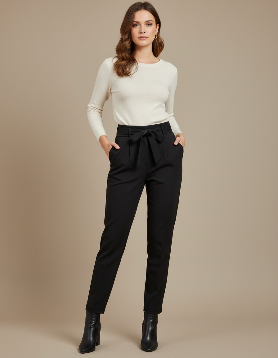 Pantalon Noir Femme Taille Haute Élégant Casual - Gabardine