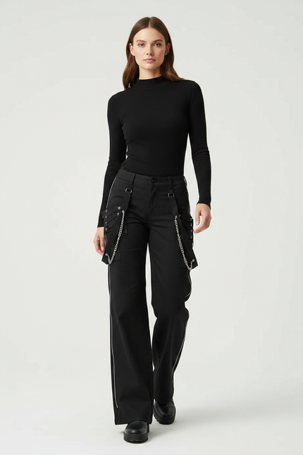 Pantalon Noir Cargo Chaînes Gothique Ample Femme - Gabardine