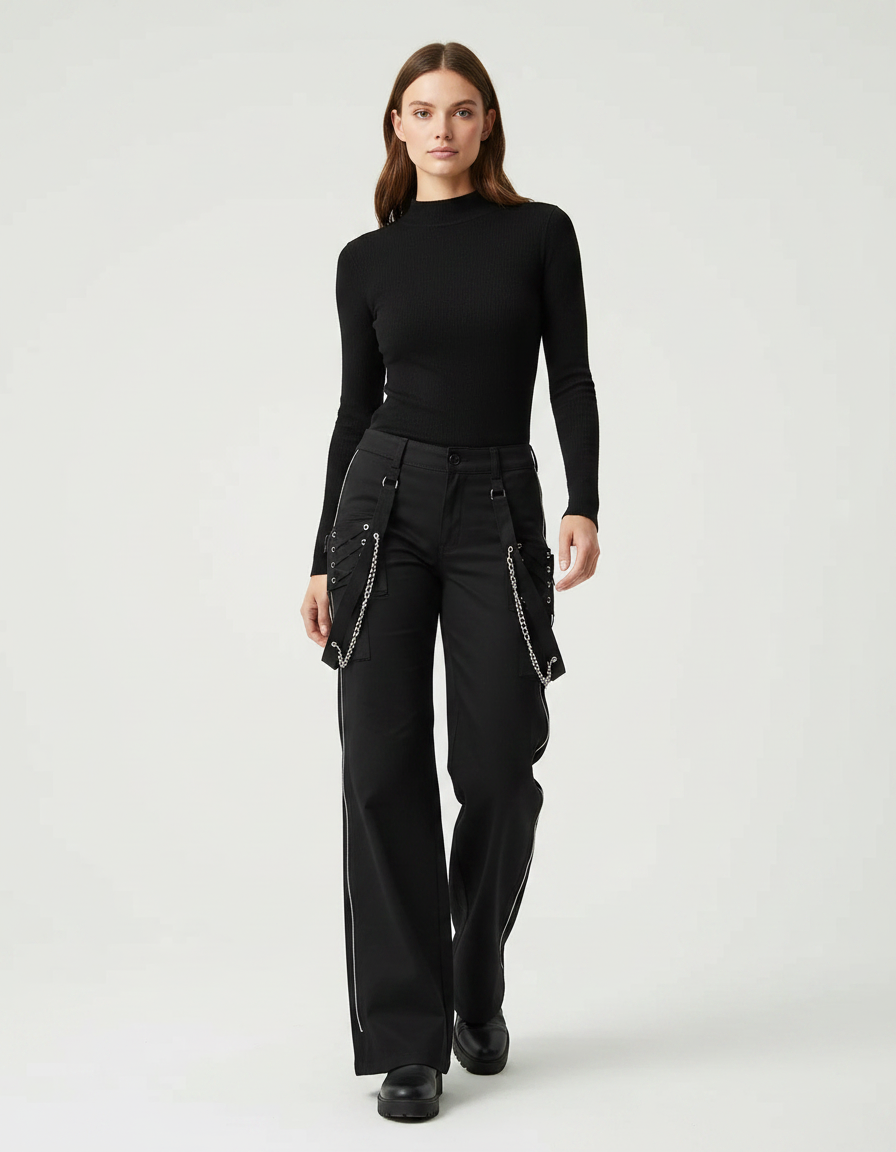 Pantalon Noir Cargo Chaînes Gothique Ample Femme - Gabardine