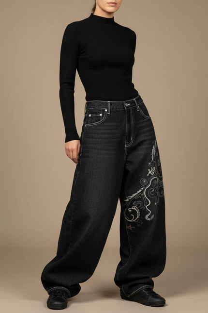 Pantalon Noir Ample Denim Brodé Tribal Femme - Jean