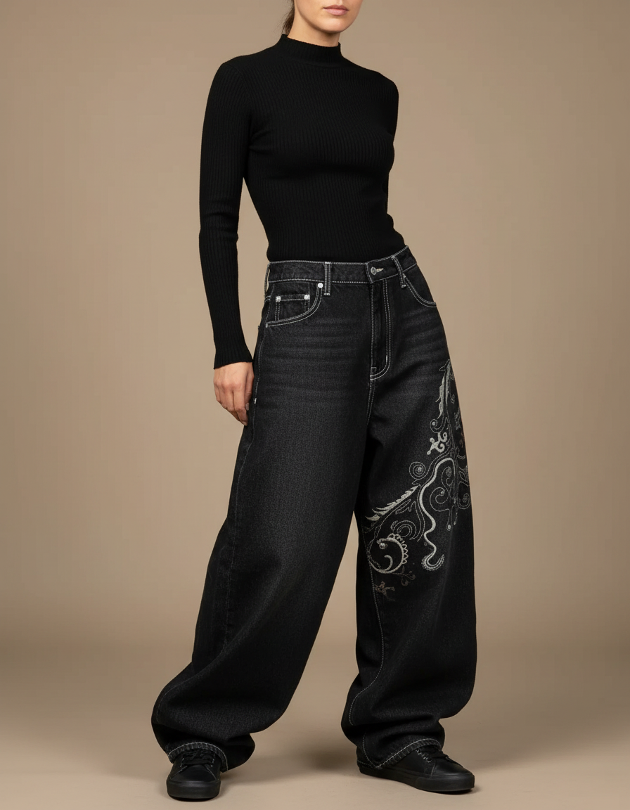 Pantalon Noir Ample Denim Brodé Tribal Femme - Jean