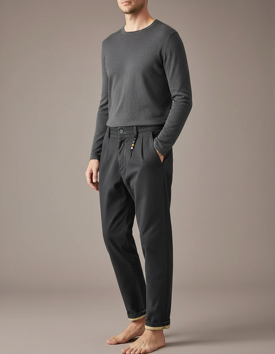 Pantalon Noir Homme Hiver Doublé Polaire Décontracté - Coton