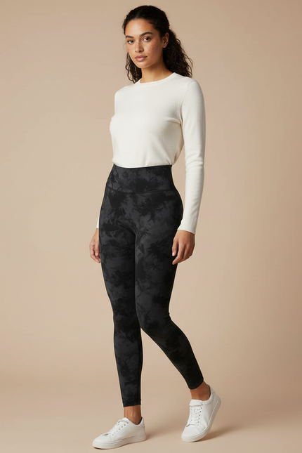 Pantalon Noir Tie-Dye Sans Couture Taille Haute Stretch - Maille