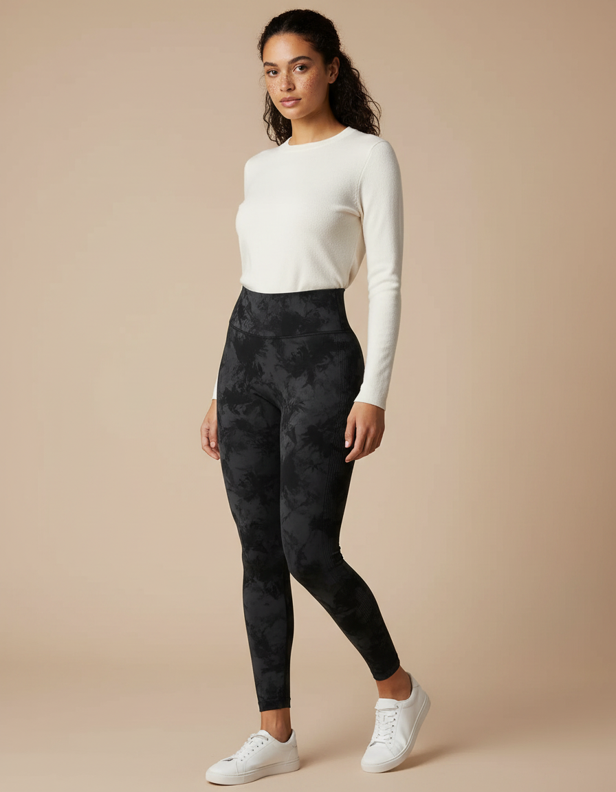 Pantalon Noir Tie-Dye Sans Couture Taille Haute Stretch - Maille