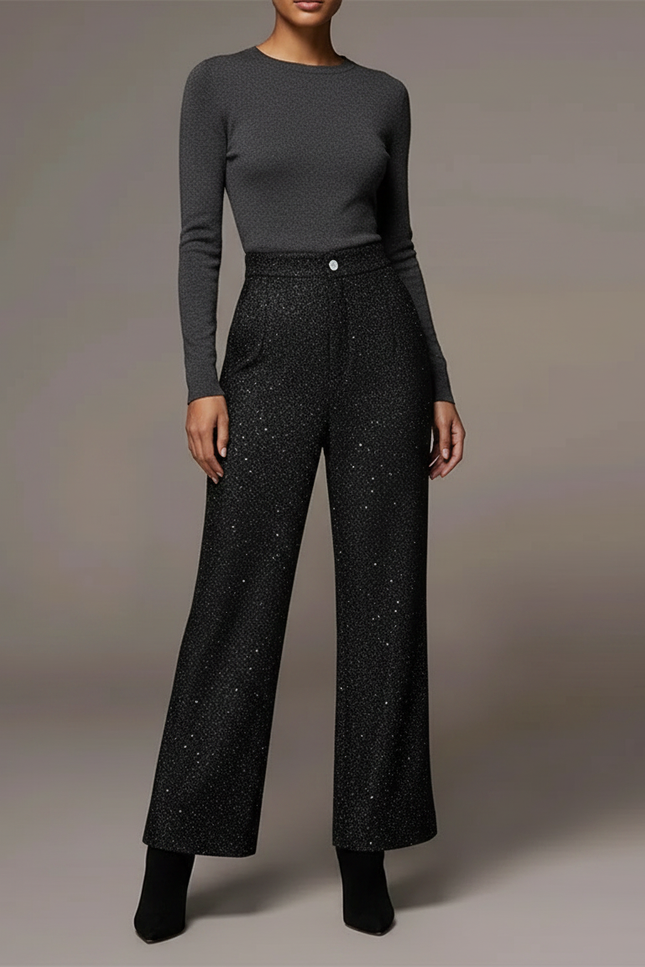 Pantalon Noir Paillettes Large Évasé Élégant Femme - Polyester