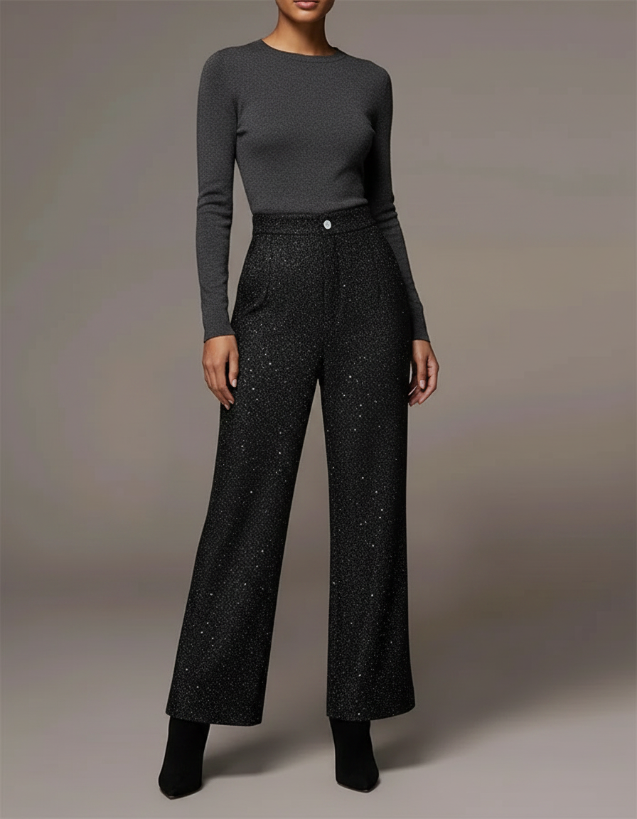 Pantalon Noir Paillettes Large Évasé Élégant Femme - Polyester