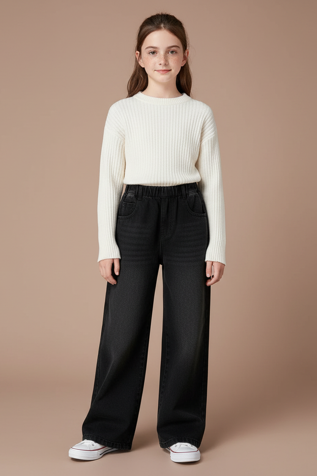 Pantalon Noir Ample Élastique Fille Hiver - Jean