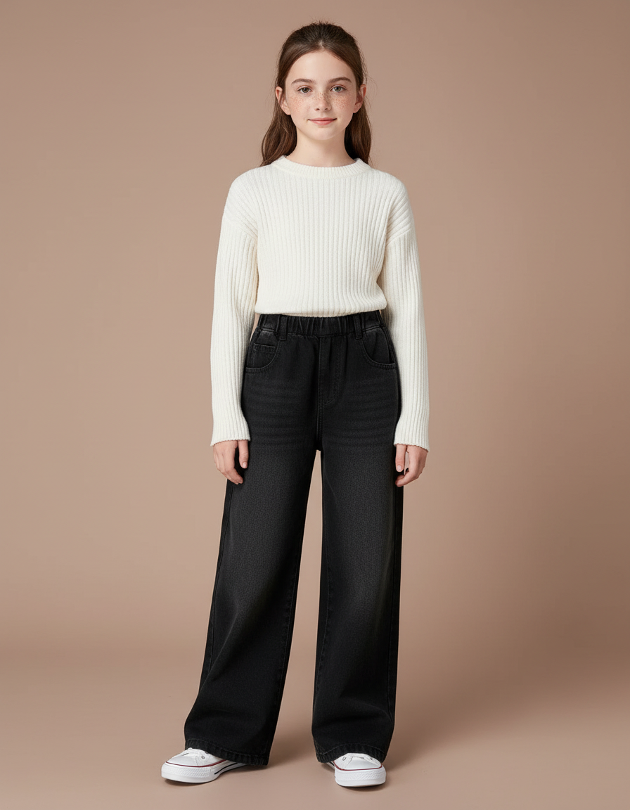 Pantalon Noir Ample Élastique Fille Hiver - Jean