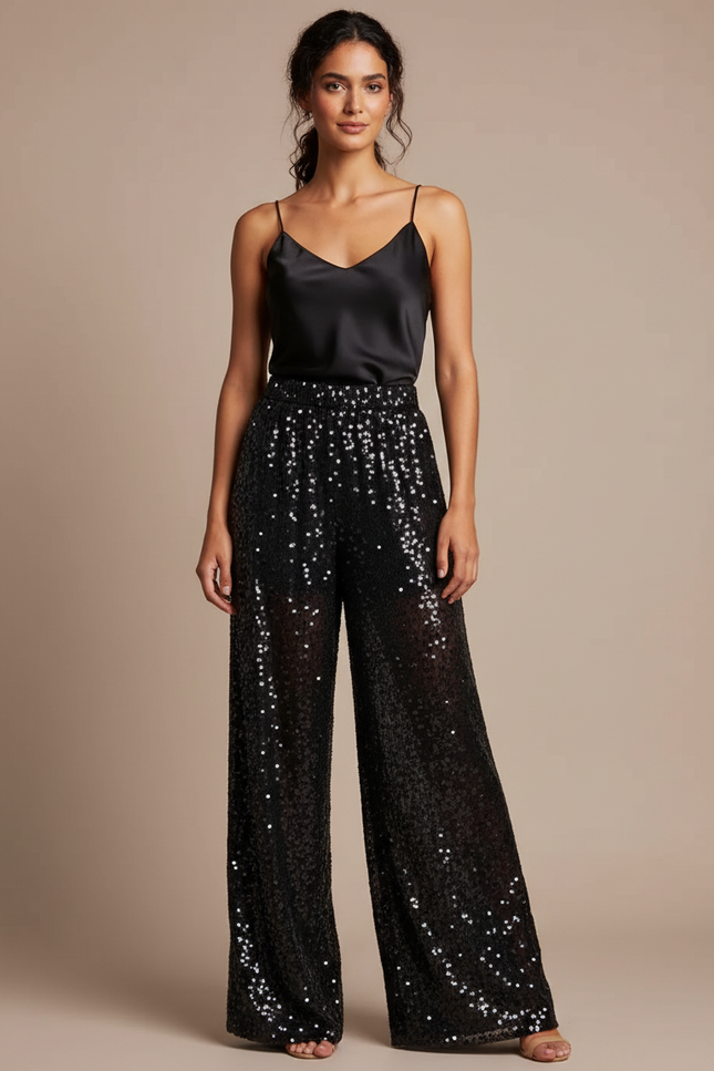 Pantalon Noir Paillettes Large Transparent Femme - Polyester