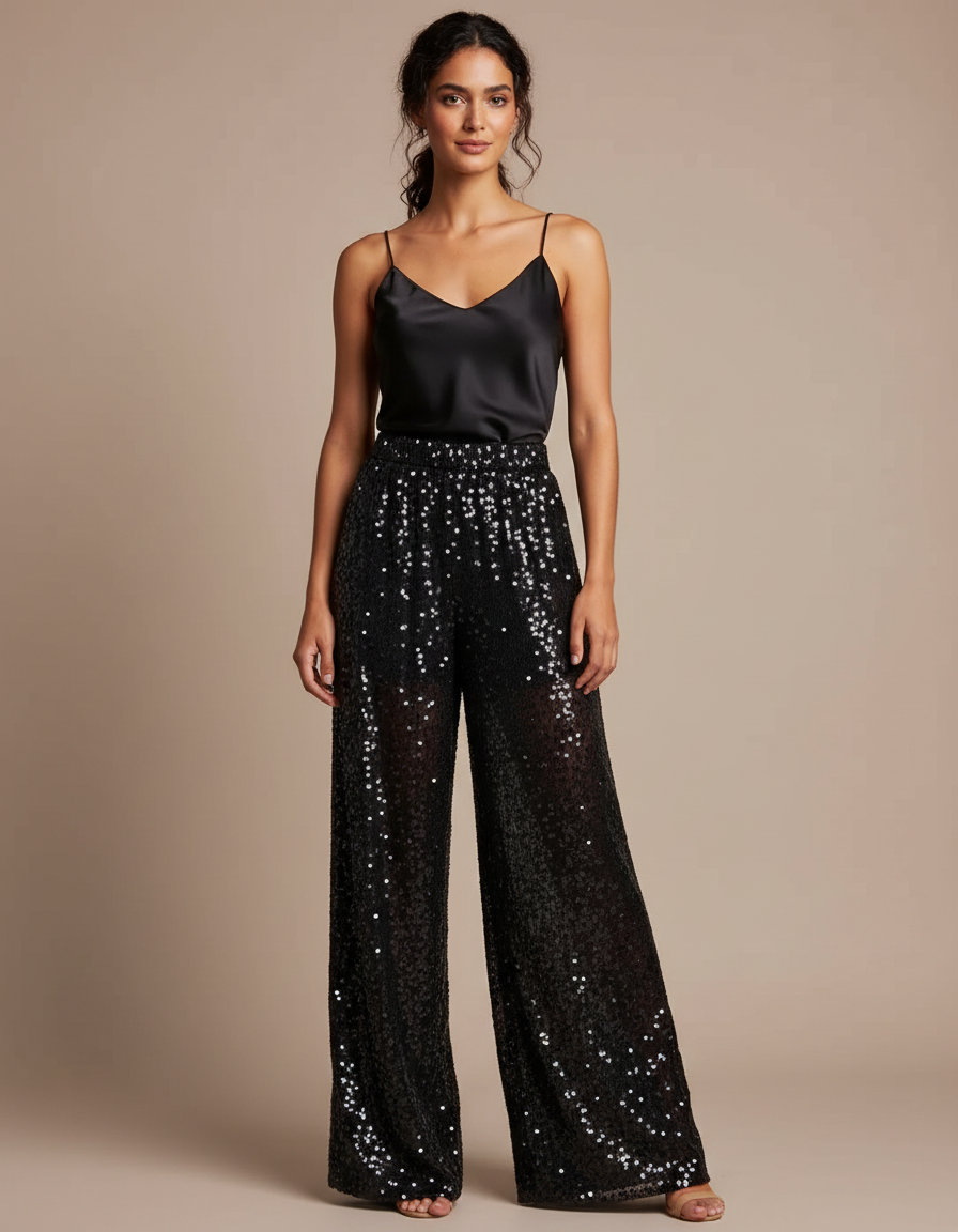 Pantalon Noir Paillettes Large Transparent Femme - Polyester